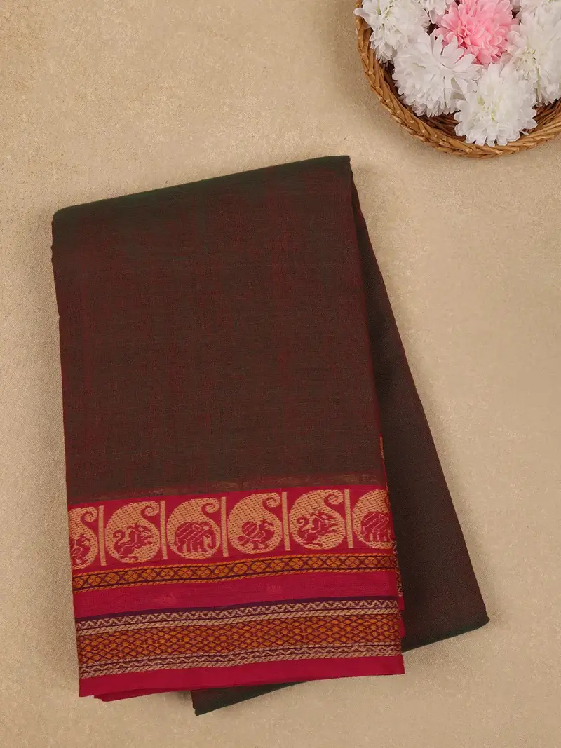 Brown Solid Design Cotton Fancy Saree 1