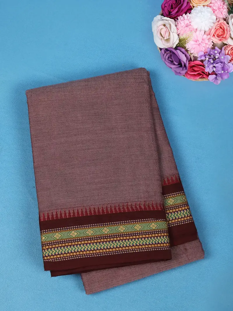 Brown Solid Design Cotton Saree With Contrast Border 1