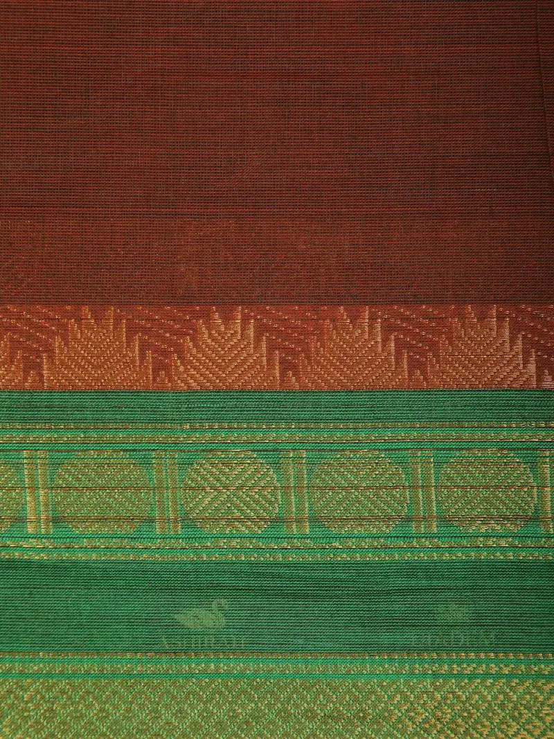 Brown Solid Design Cotton Saree With Contrast Green Zari Border 2