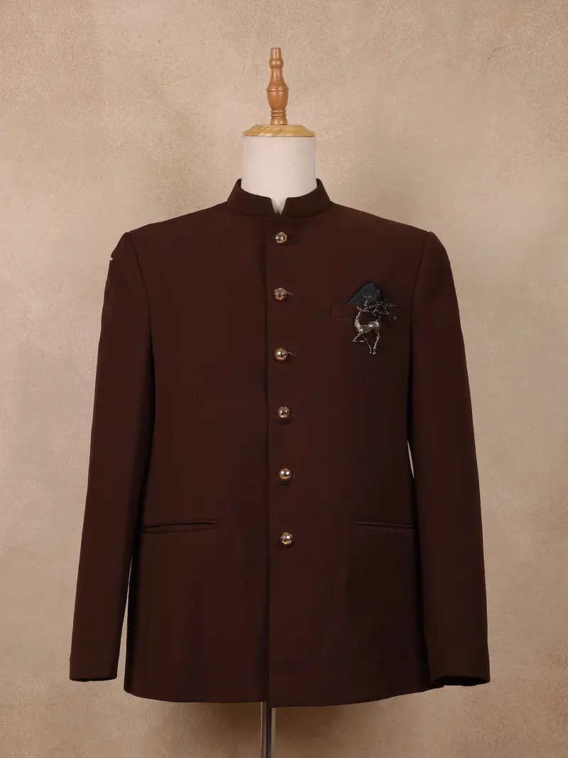 Brown Solid Design Polynosic Sherwani Suit 1