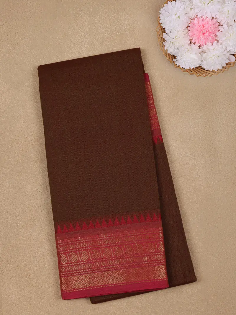 Brown Solid Design Pure Cotton Saree 1