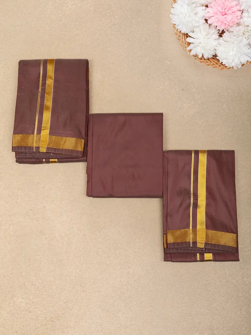 Brown Solid Woven Design Unstitched Shirt With Matching Dhoti Set With Zari Border 1