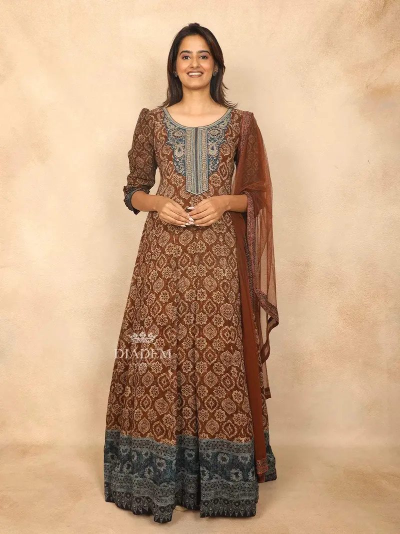 Brown Straight Cut Salwar Suit For Women Adorned With Sequins And Floral Design With Dupatta 1