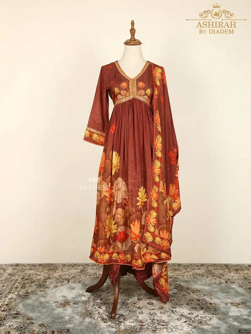 Brown Straight Cut Salwar Suits Adorned With Floral Embroidery And Prints Along With Dupatta 1