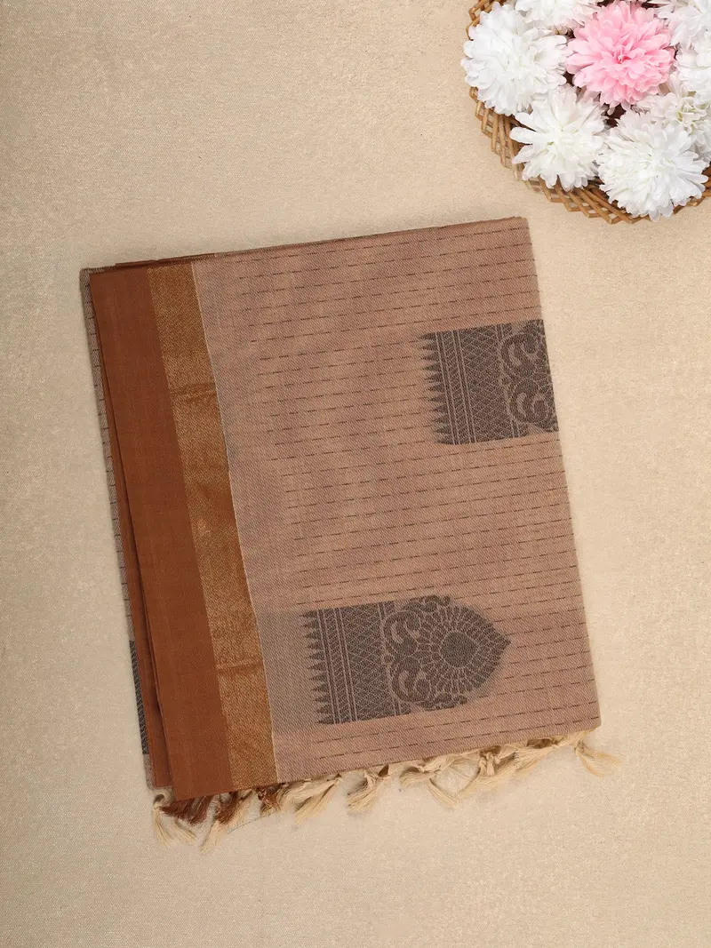 Brown Stripes Design Cotton Saree With Contrast Zari Border 1