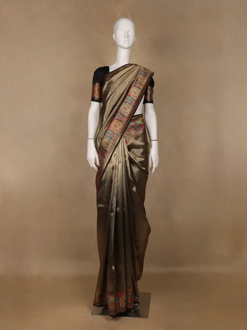 Brown Tissue Banarasi Saree With Paithani Border 1