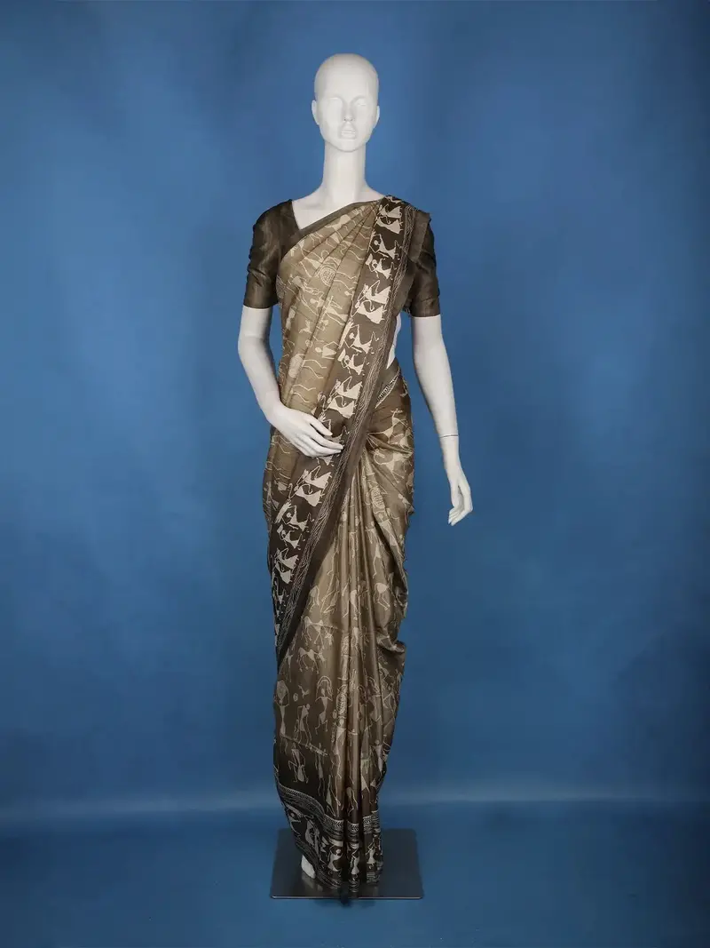 Brown Tribal Printed Tussar Silk Saree 1