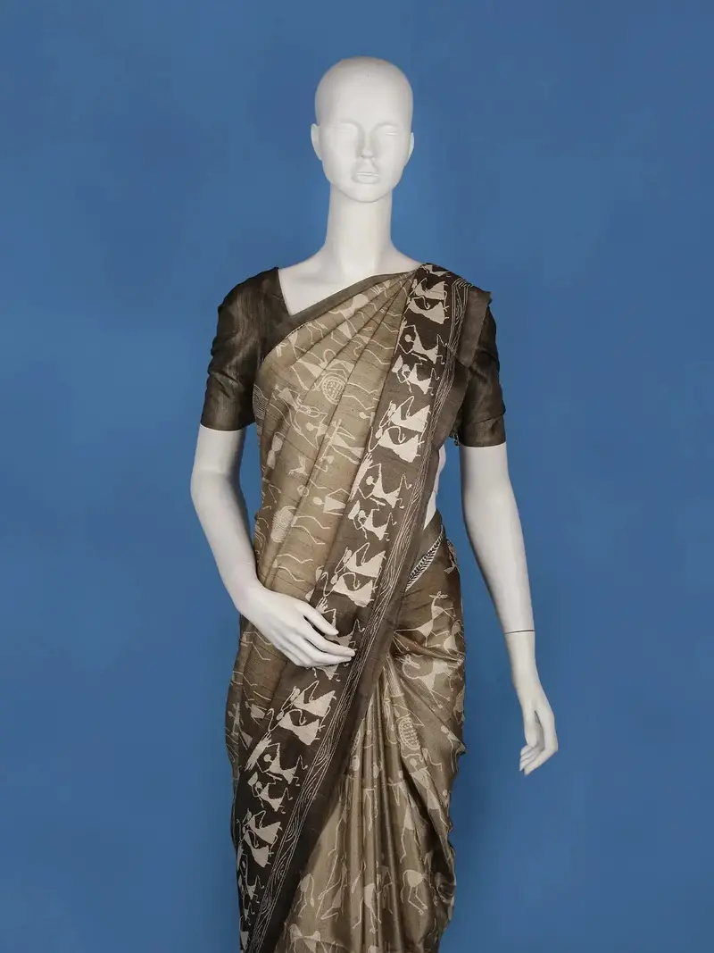 Brown Tribal Printed Tussar Silk Saree 2