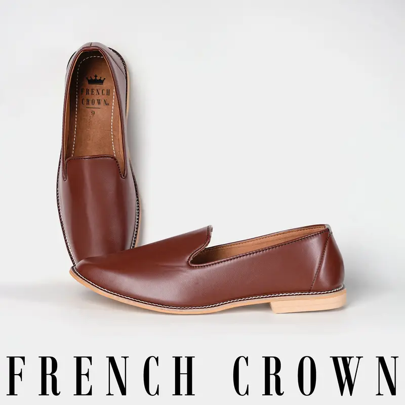 Brown Vegan Leather Hand Stitched Mojri Slip-On Shoes 1