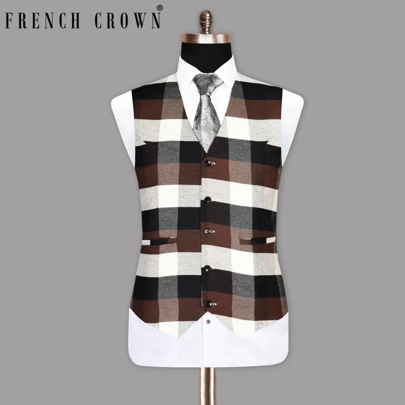 Brown With Black And Beige Checked Premium Cotton Waistcoat 1