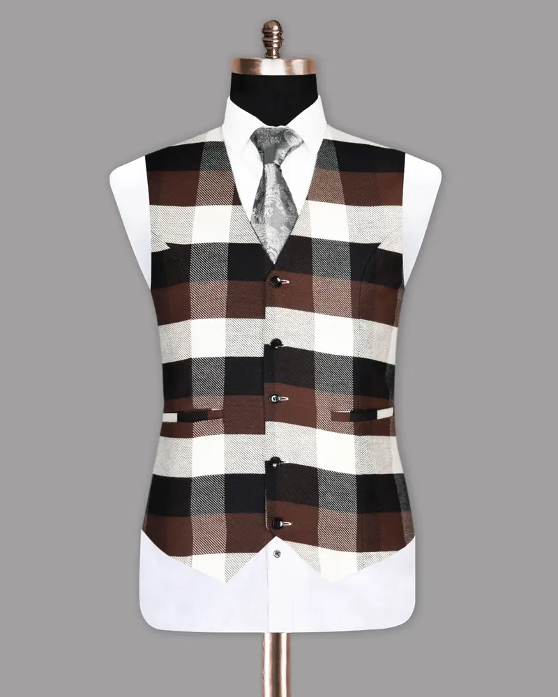 Brown With Black And Beige Checked Premium Cotton Waistcoat 2