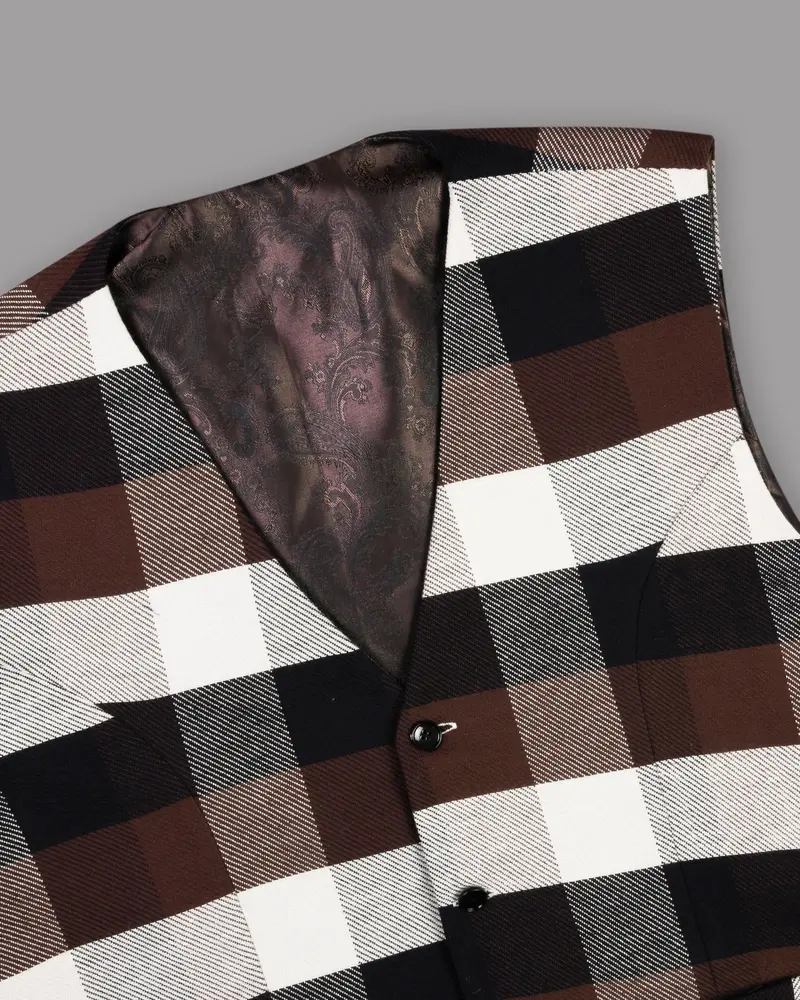 Brown With Black And Beige Checked Premium Cotton Waistcoat 4