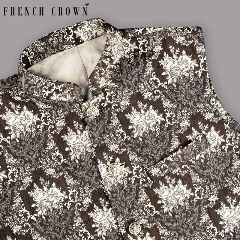 Brown With Cream And Grey Rose Jacquard Premium Designer Nehru Jacket 1