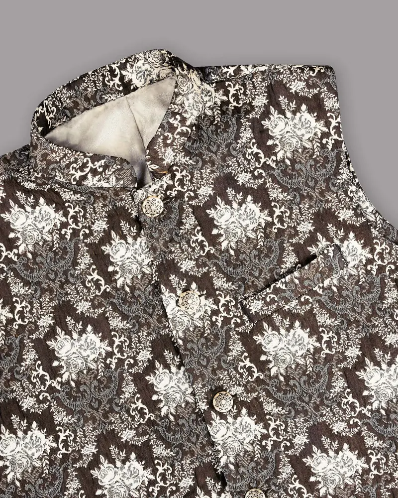 Brown With Cream And Grey Rose Jacquard Premium Designer Nehru Jacket 2