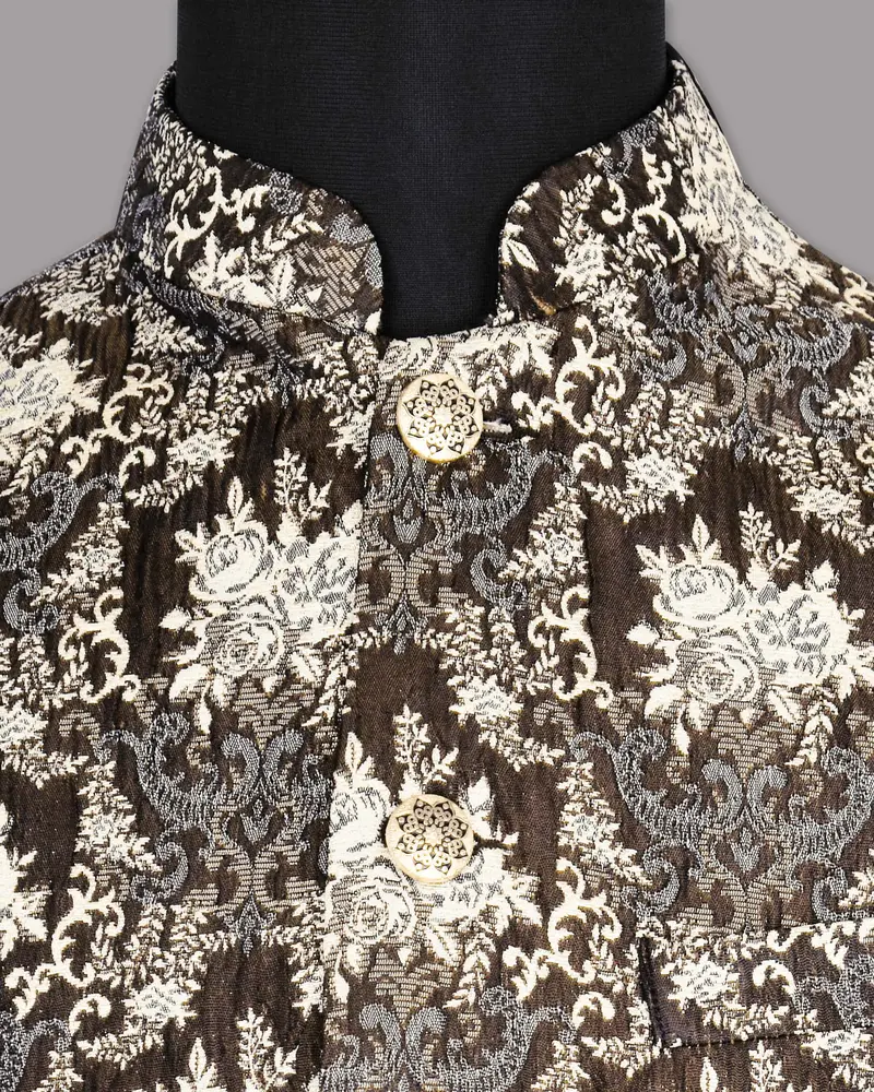 Brown With Cream And Grey Rose Jacquard Premium Designer Nehru Jacket 4