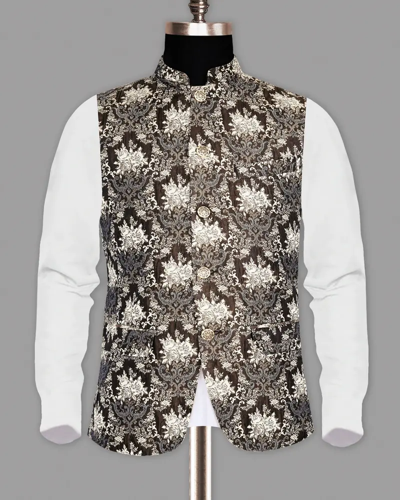 Brown With Cream And Grey Rose Jacquard Premium Designer Nehru Jacket 5