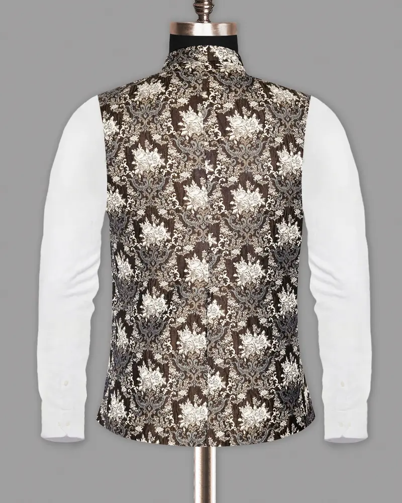 Brown With Cream And Grey Rose Jacquard Premium Designer Nehru Jacket 6