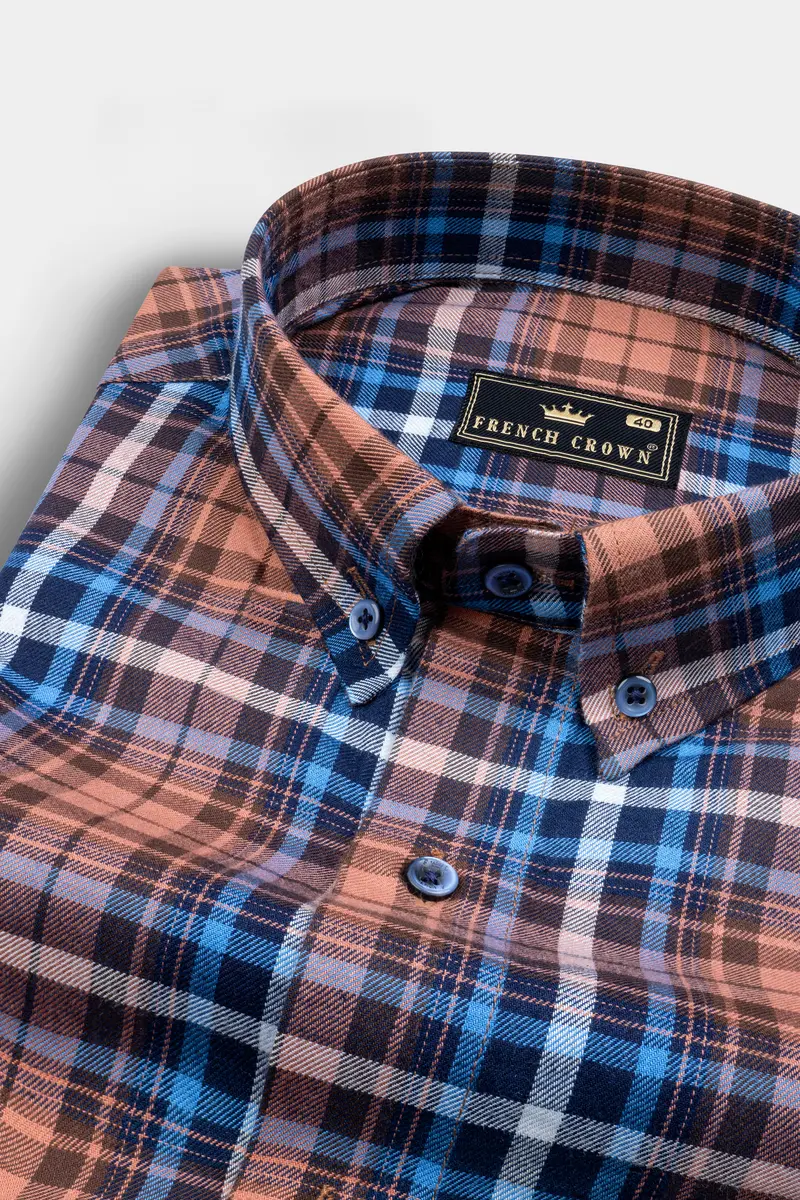 Brown With Danube Blue Twill Plaid Premium Cotton Shirt 1