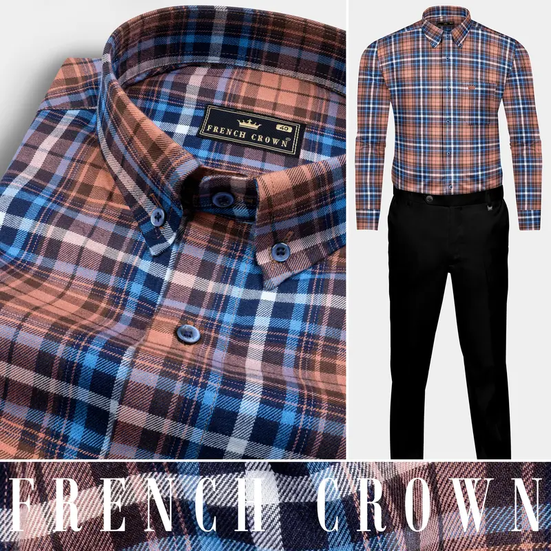 Brown With Danube Blue Twill Plaid Premium Cotton Shirt 10