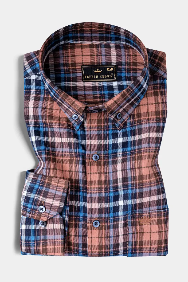 Brown With Danube Blue Twill Plaid Premium Cotton Shirt 3