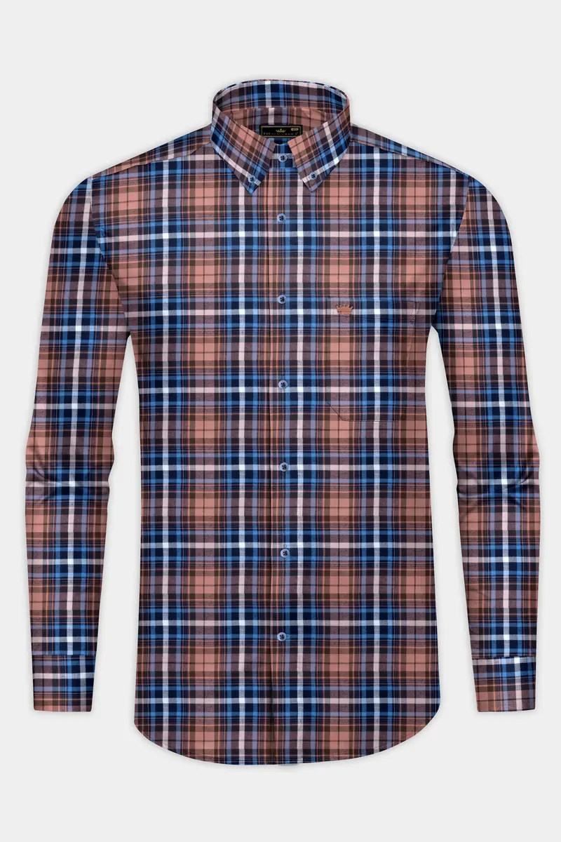 Brown With Danube Blue Twill Plaid Premium Cotton Shirt 4