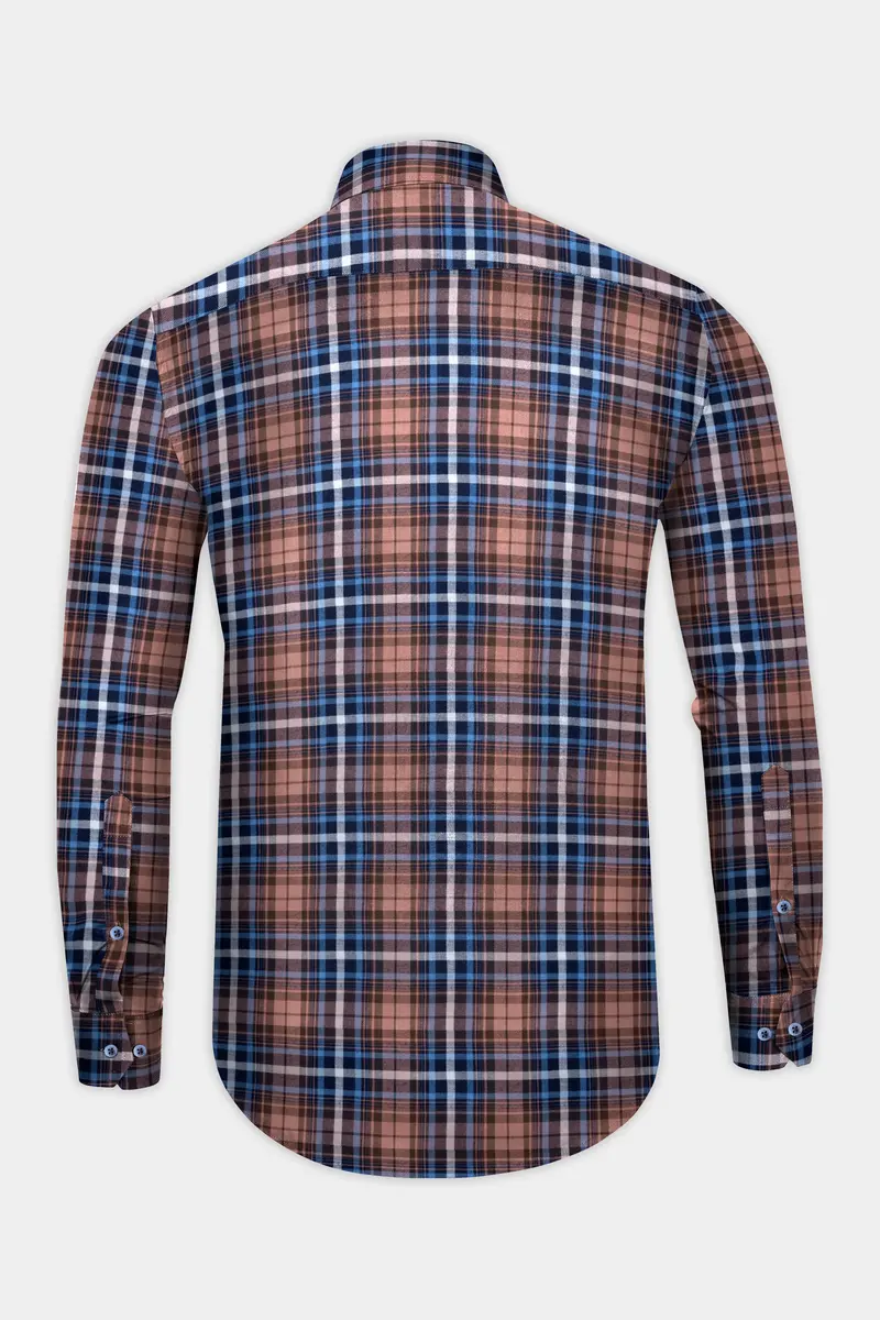 Brown With Danube Blue Twill Plaid Premium Cotton Shirt 5