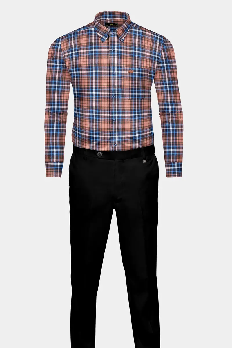 Brown With Danube Blue Twill Plaid Premium Cotton Shirt 6
