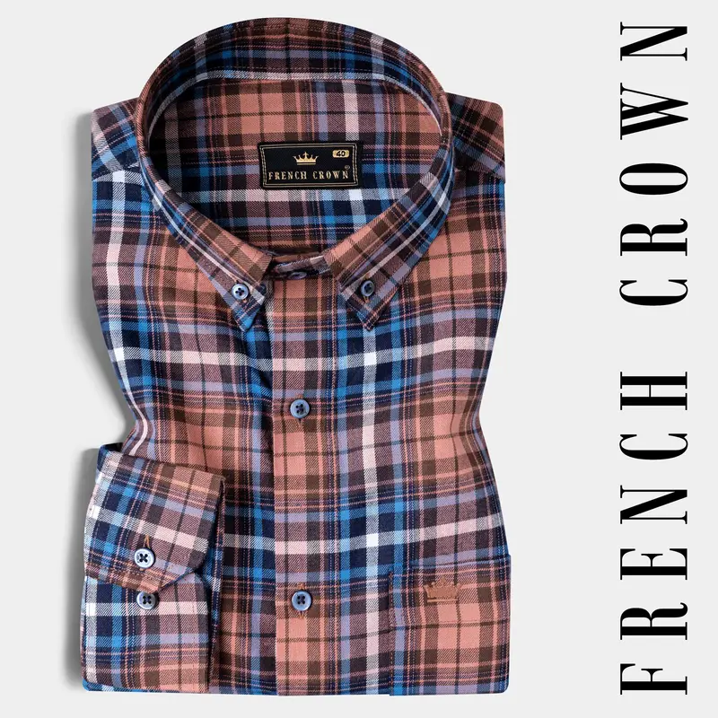 Brown With Danube Blue Twill Plaid Premium Cotton Shirt 7