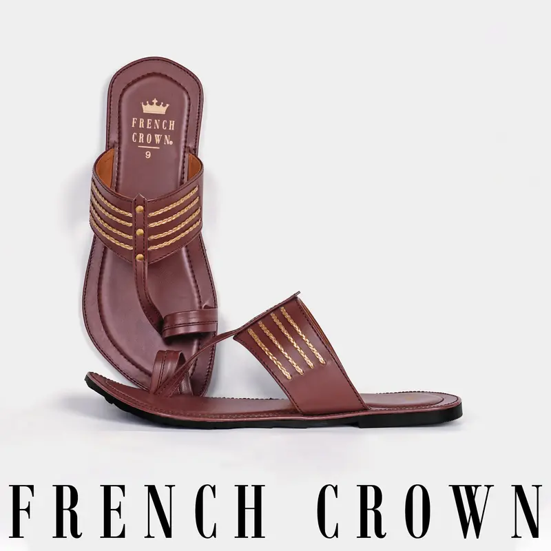 Brown With Golden Stitched Vegan Leather Kolhapuri Sandal 1