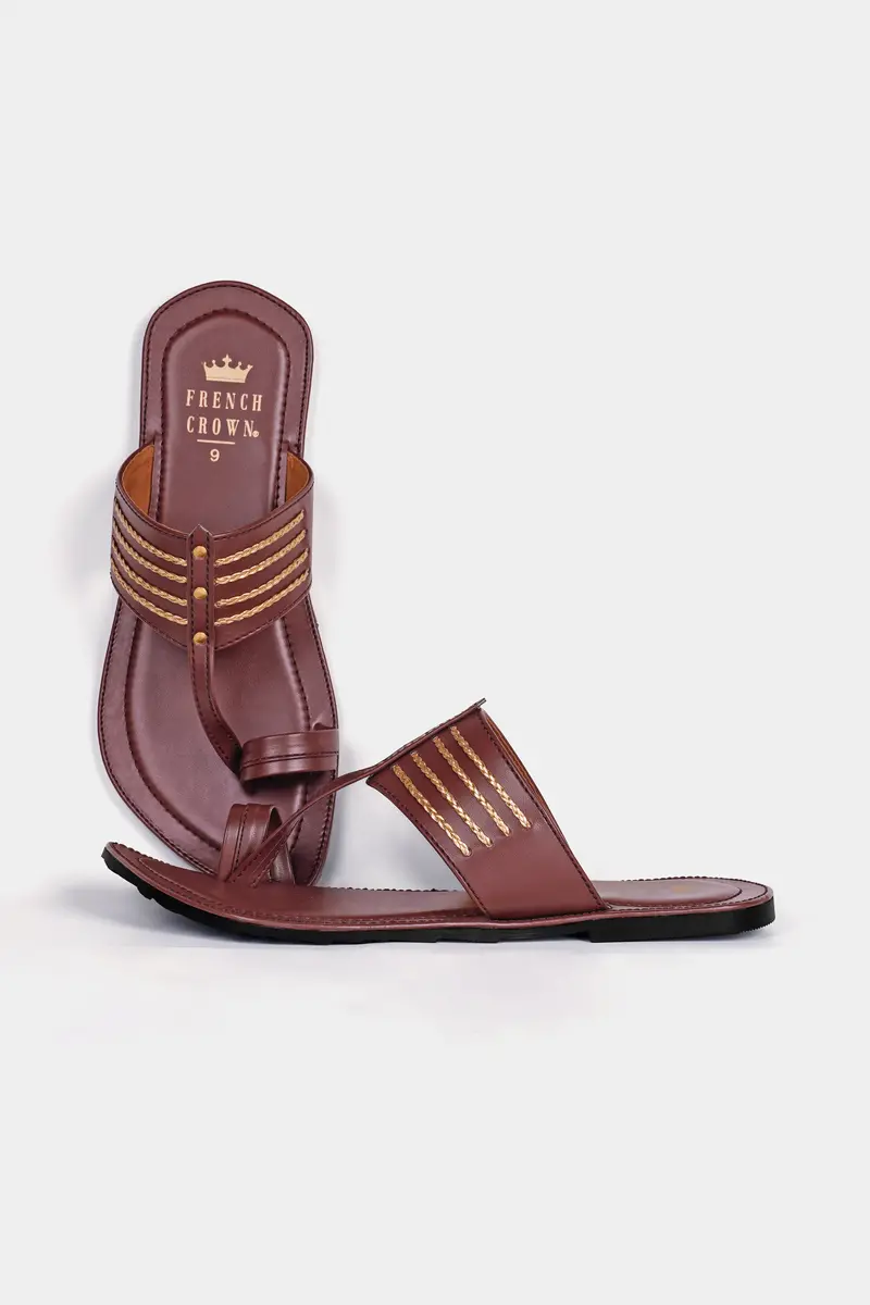 Brown With Golden Stitched Vegan Leather Kolhapuri Sandal 2