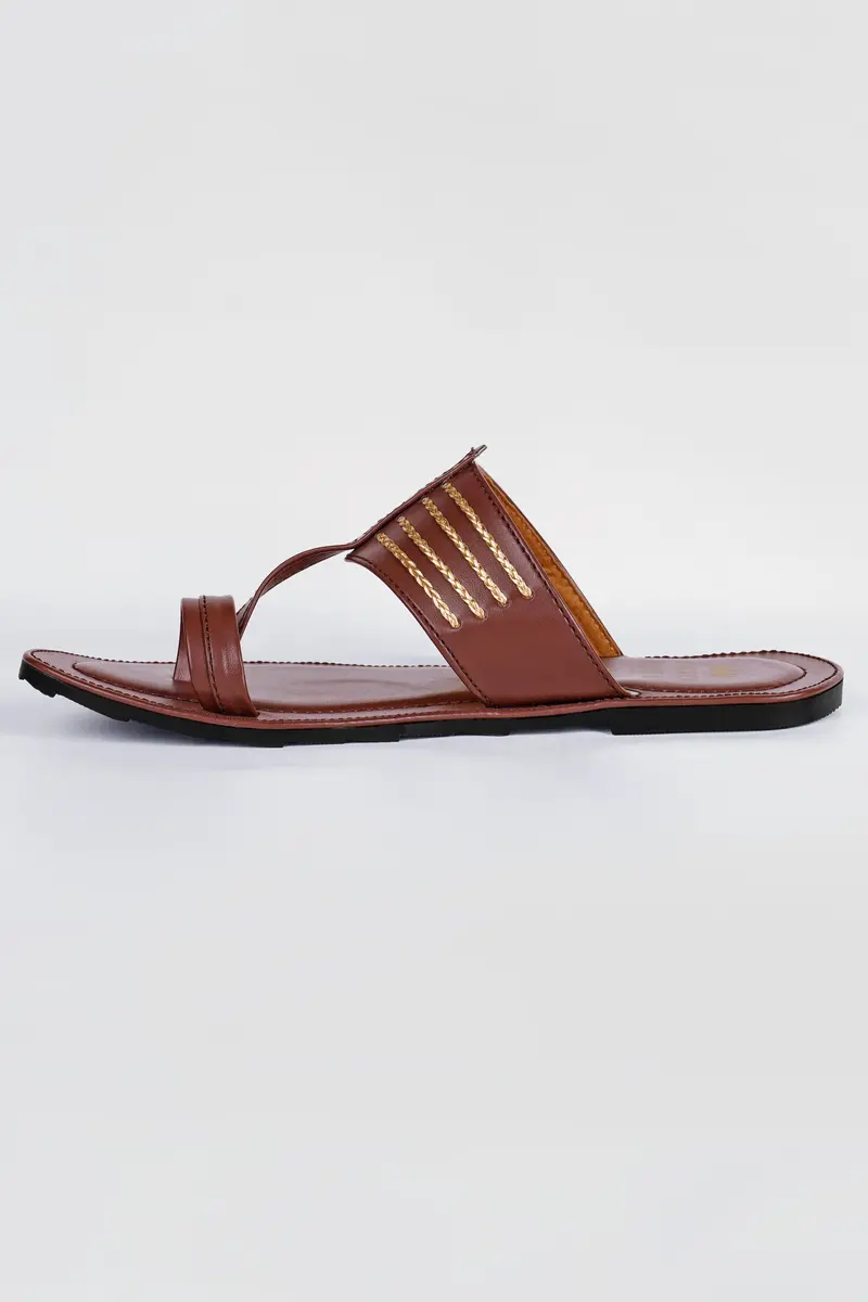 Brown With Golden Stitched Vegan Leather Kolhapuri Sandal 3