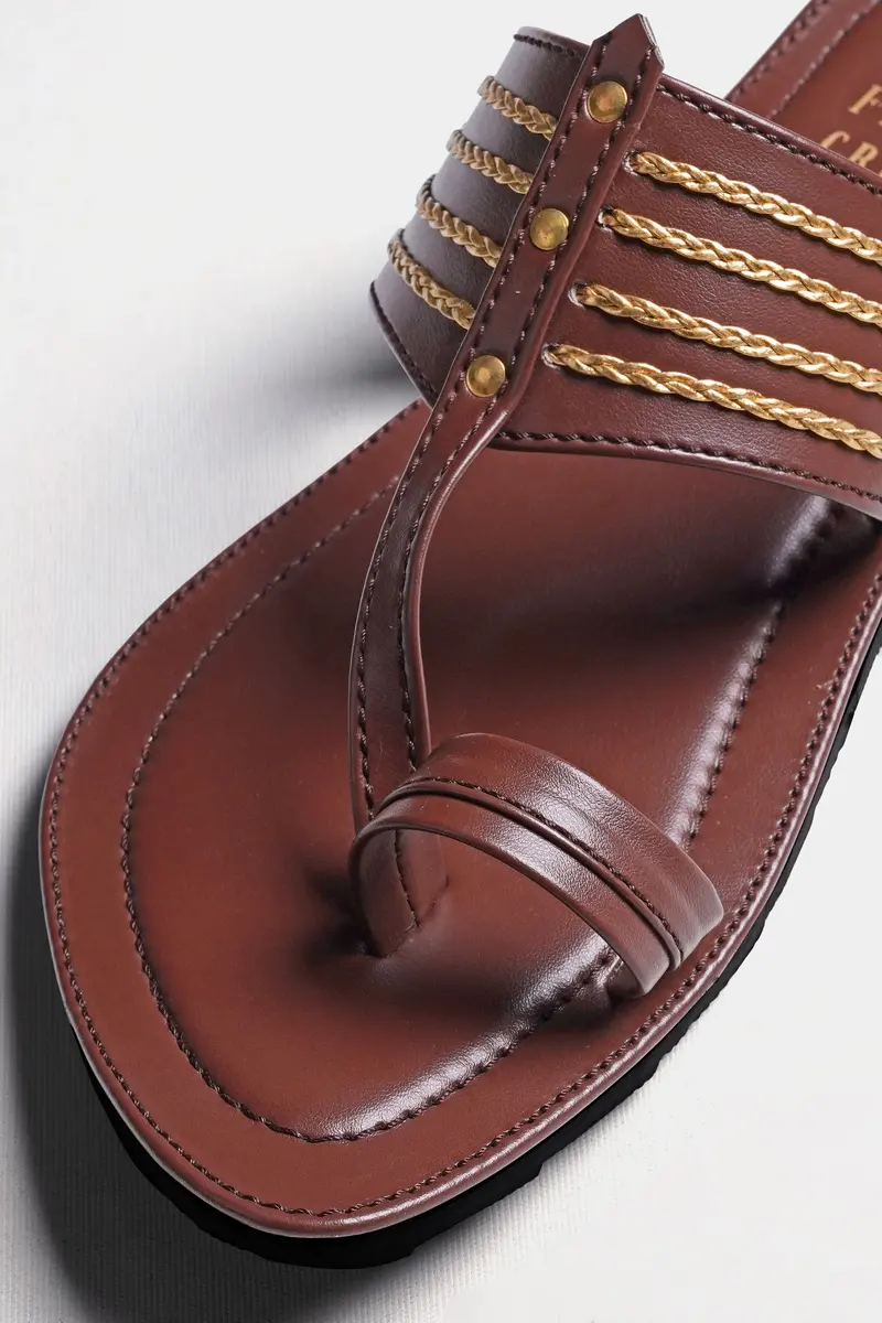 Brown With Golden Stitched Vegan Leather Kolhapuri Sandal 4