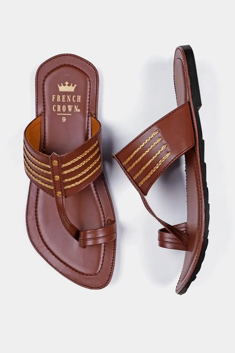 Brown With Golden Stitched Vegan Leather Kolhapuri Sandal 5