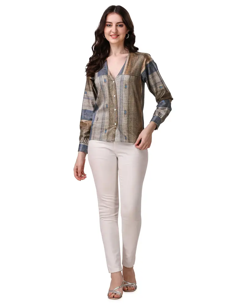 Brownish With Comet Blue Super Soft Premium Cotton Women’S Shirt 4