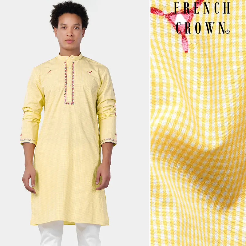 Brulee Yellow And White Gingham Checkered With Thread Embroidered And Mirror Work Premium Cotton Designer Kurta 1