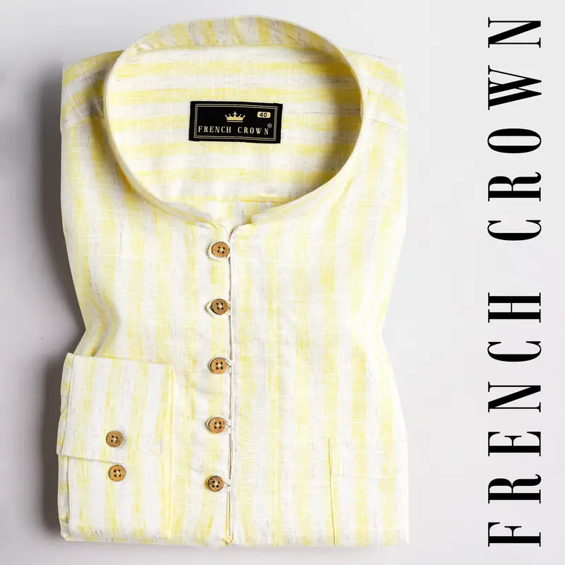 Brulee Yellow And White Striped Luxurious Linen Kurta Shirt 1