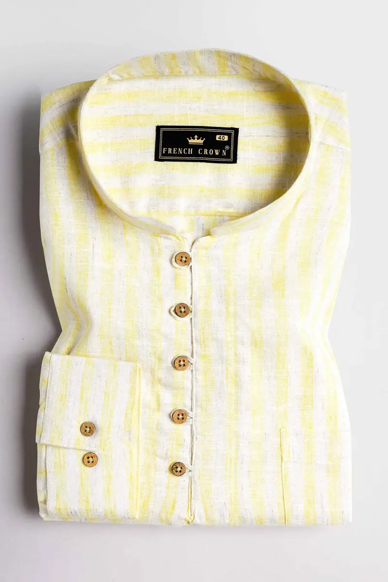 Brulee Yellow And White Striped Luxurious Linen Kurta Shirt 2