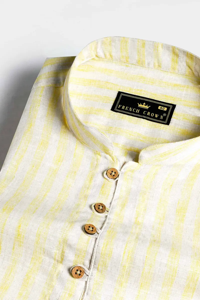 Brulee Yellow And White Striped Luxurious Linen Kurta Shirt 4