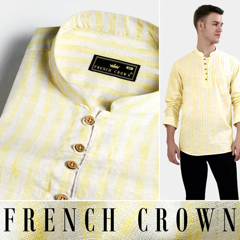 Brulee Yellow And White Striped Luxurious Linen Kurta Shirt 5