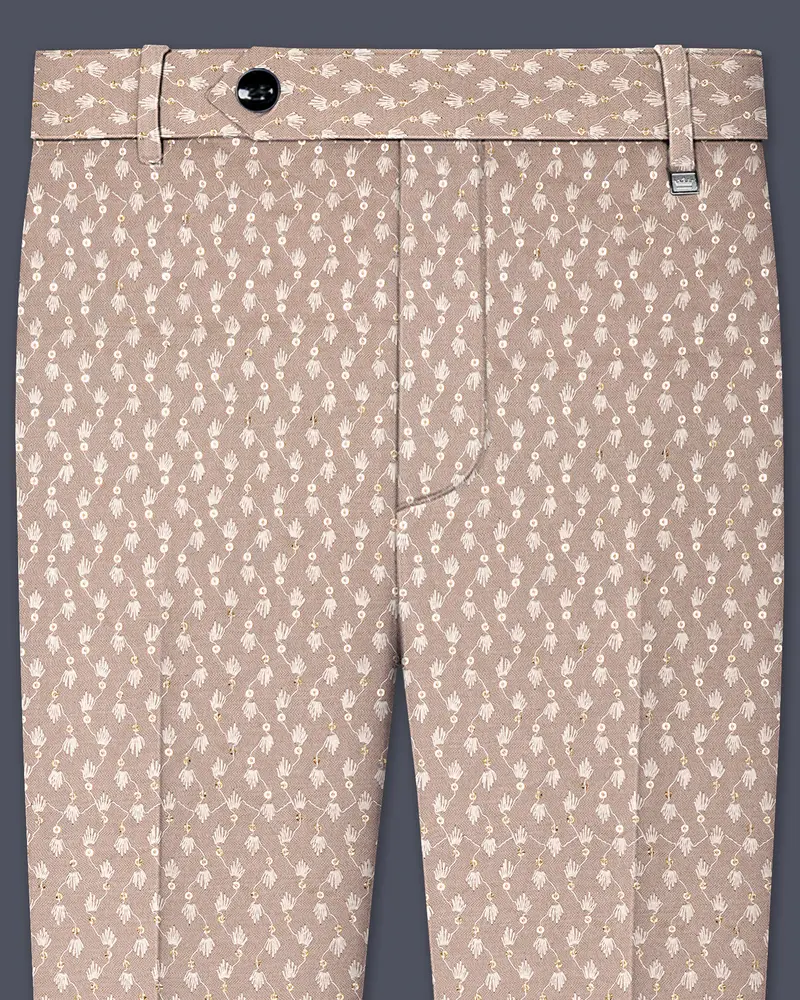 Brunora-Clam Shell Brown Embroidered Viscose Designer Stretchable Waistband Pant 1