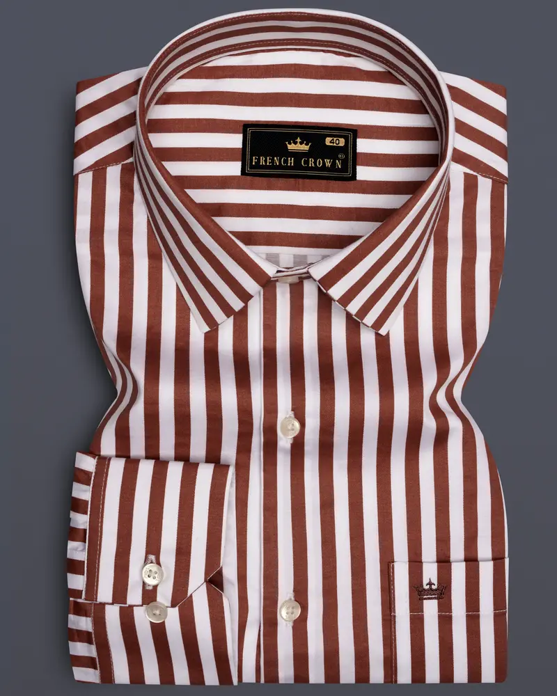 Brunoro-Ironstone Brown And Bright White Candy Striped Subtle Sheen Super Soft Premium Cotton Dress Shirt 1