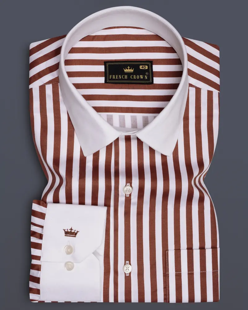 Brunoro-Ironstone Brown And Bright White Candy Striped Subtle Sheen Super Soft Premium Cotton White Cuff Collar Dress Shirt 1