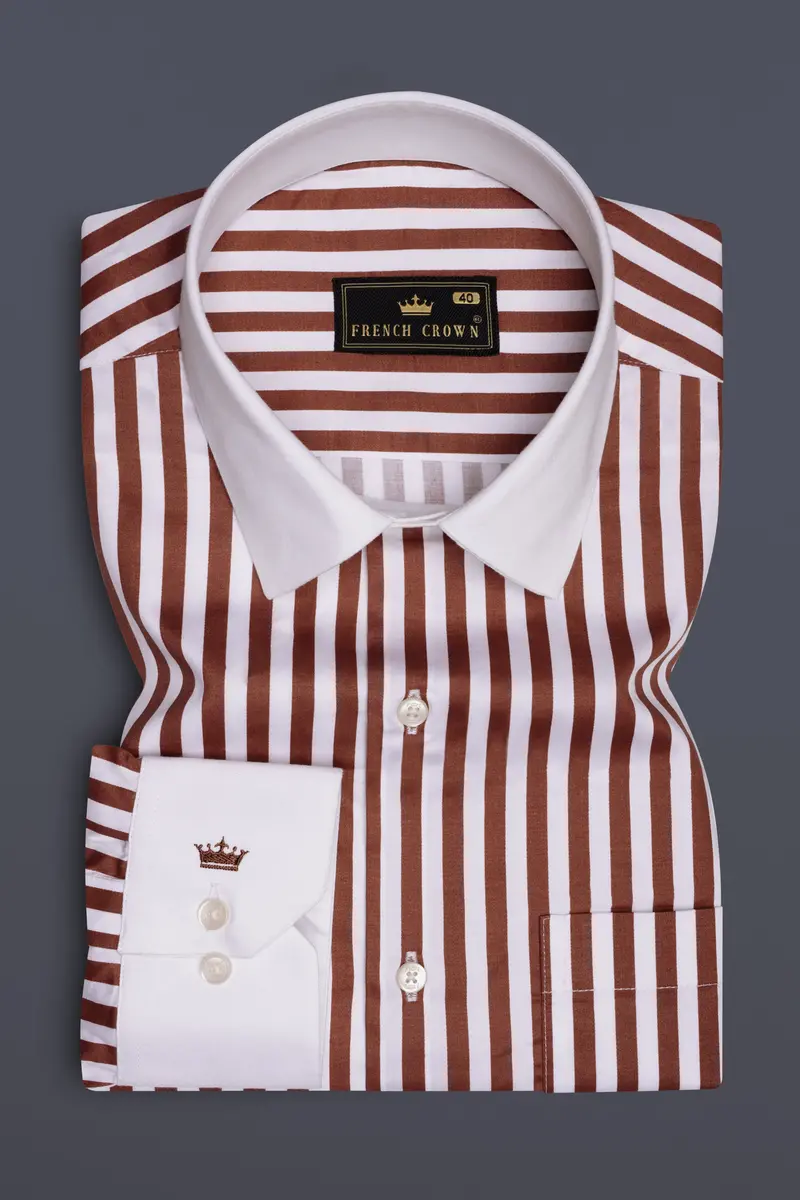 Brunoro-Ironstone Brown And Bright White Candy Striped Subtle Sheen Super Soft Premium Cotton White Cuff Collar Dress Shirt 2