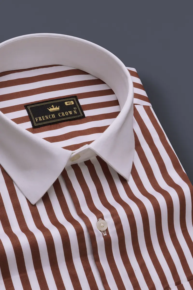 Brunoro-Ironstone Brown And Bright White Candy Striped Subtle Sheen Super Soft Premium Cotton White Cuff Collar Dress Shirt 4