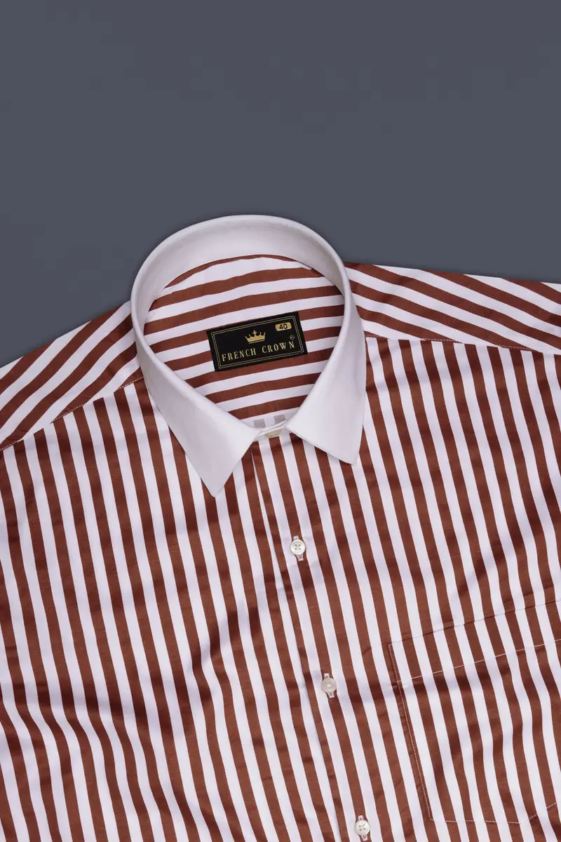 Brunoro-Ironstone Brown And Bright White Candy Striped Subtle Sheen Super Soft Premium Cotton White Cuff Collar Dress Shirt 5