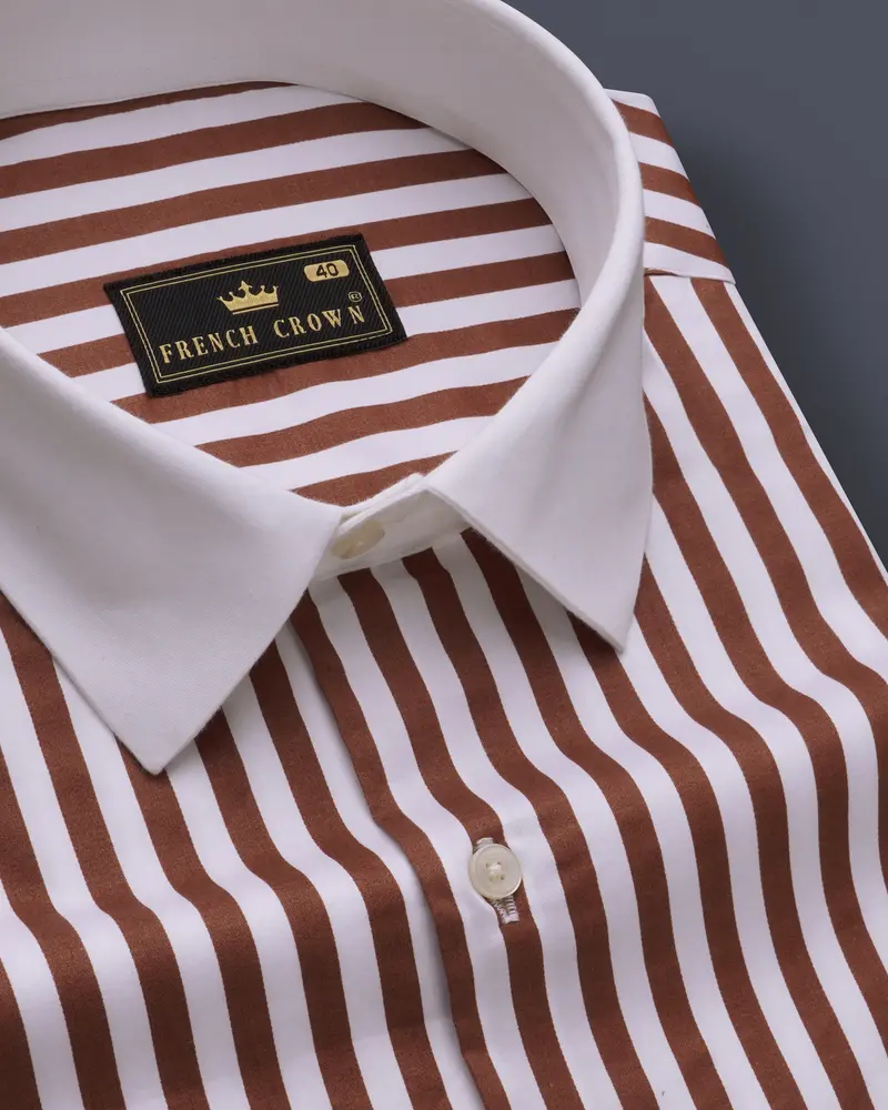 Brunoro-Ironstone Brown And Bright White Candy Striped Subtle Sheen Super Soft Premium Cotton White Cuff Collar Dress Shirt 6