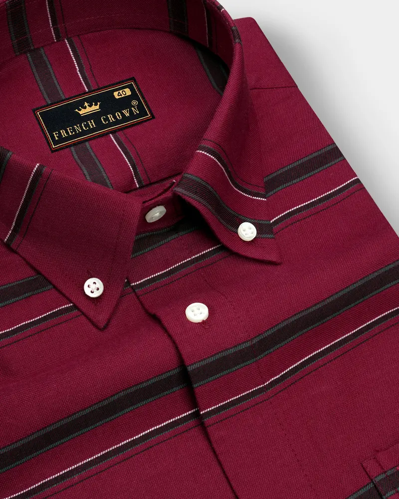 Brunoro Moccaccino Maroon Striped Oxford Premium Cotton Casual Shirt 1