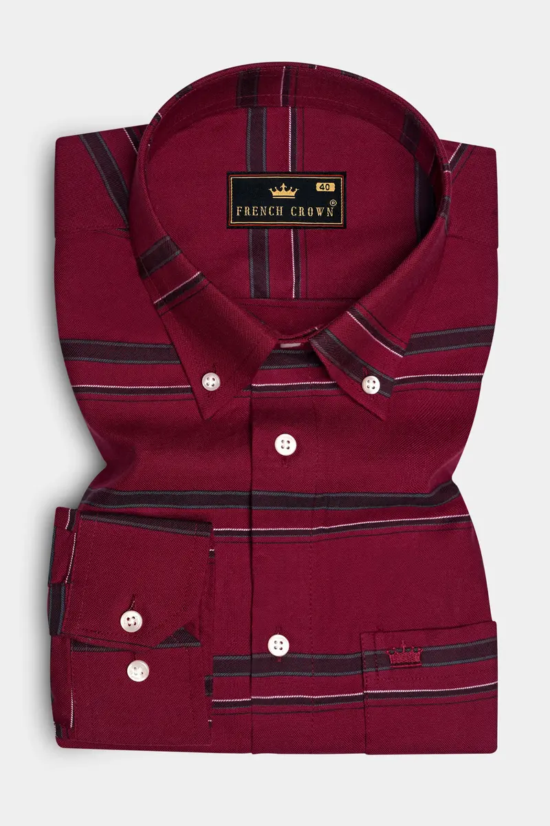 Brunoro Moccaccino Maroon Striped Oxford Premium Cotton Casual Shirt 4
