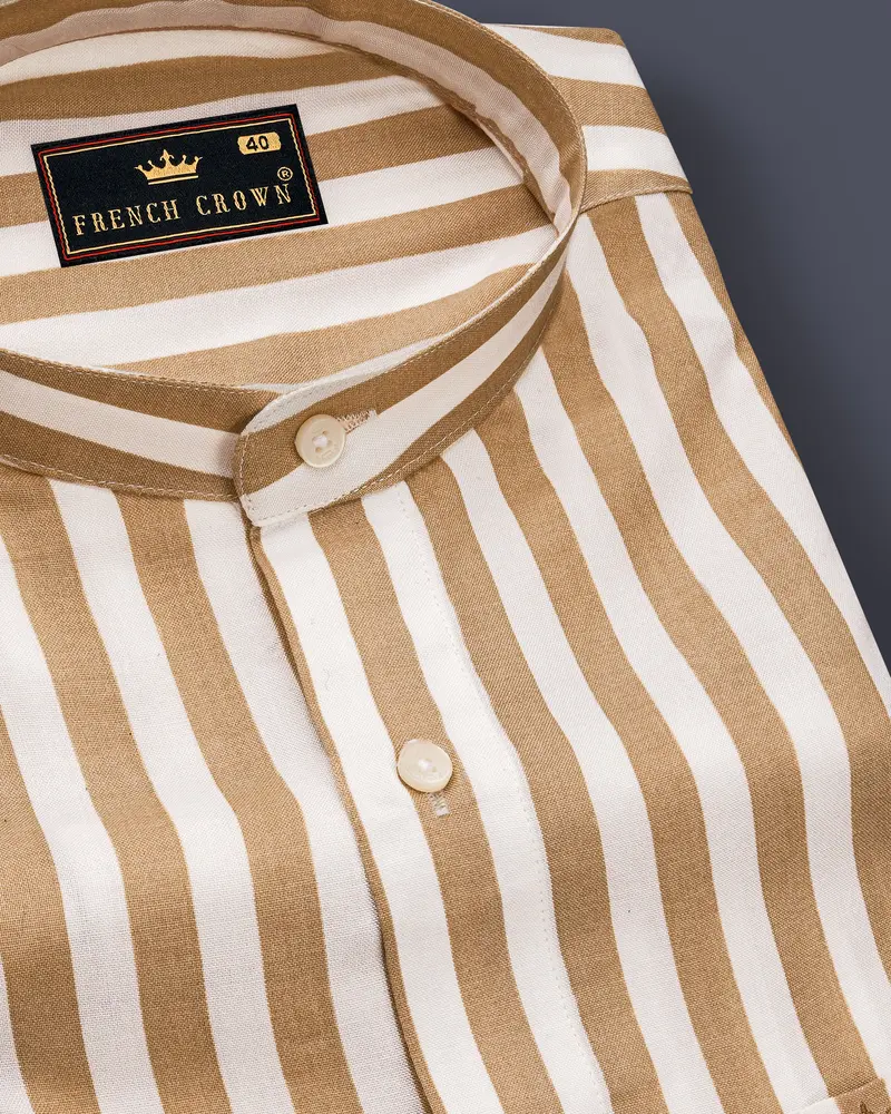 Brunoro-Sandy Brown And Bright White Striped Subtle Sheen Super Soft Premium Cotton Mandarin Dress Shirt 1