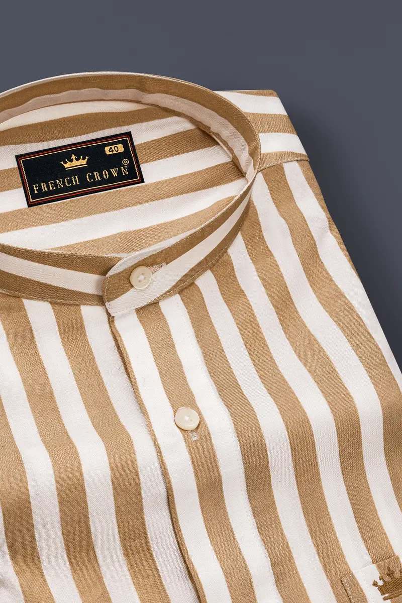 Brunoro-Sandy Brown And Bright White Striped Subtle Sheen Super Soft Premium Cotton Mandarin Dress Shirt 2